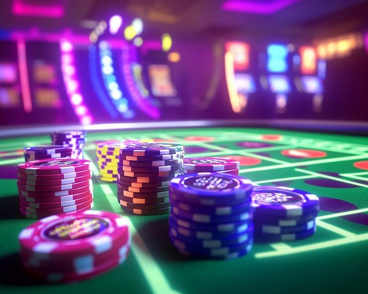 Mesin slot digital dengan tema futuristik menampilkan simbol kemenangan